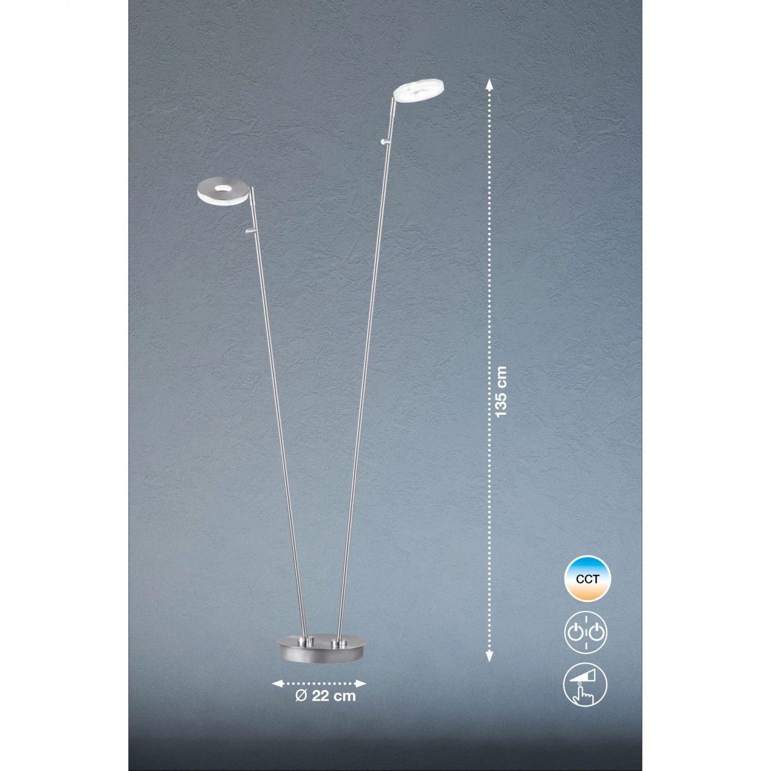 Fischer & Honsel dimmbare LED Stehleuchte mit CCT-Lichtfarbsteuerung 2-flammige Stehlampe nickel chrom mit Schalterr 135 cm 4 Fischer & Honsel dimmbare LED Stehleuchte mit CCT-Lichtfarbsteuerung 2-flammige Stehlampe nickel chrom mit Schalterr 135 cm – Bild 3