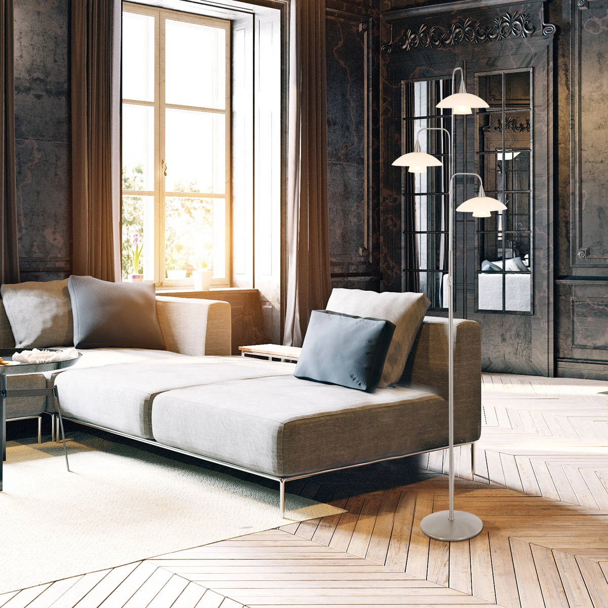 Steinhauer dimmbare Stehleuchte mit Pulsdimmer und halbrunden Glasschirmen matt silber 3-flammige Stehlampe Höhe 171 cm 5 Steinhauer dimmbare Stehleuchte mit Pulsdimmer und halbrunden Glasschirmen matt silber 3-flammige Stehlampe Höhe 171 cm – Bild 3