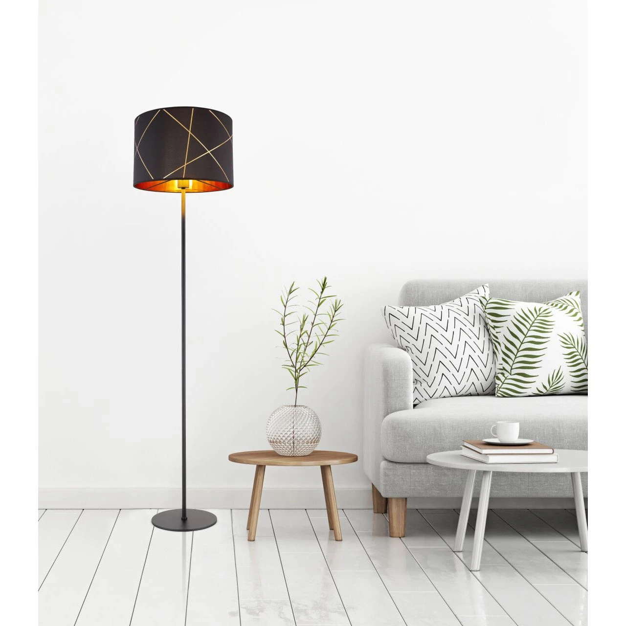 GLOBO runde E27 Stehleuchte aus Stoff und Acryl Schirm mit Dekorstanzungen schwarzes Textilkabel 18m Stehlampe gold Schalter ø 38 cm 6 GLOBO runde E27 Stehleuchte aus Stoff und Acryl Schirm mit Dekorstanzungen schwarzes Textilkabel 18m Stehlampe gold Schalter ø 38 cm – Bild 4