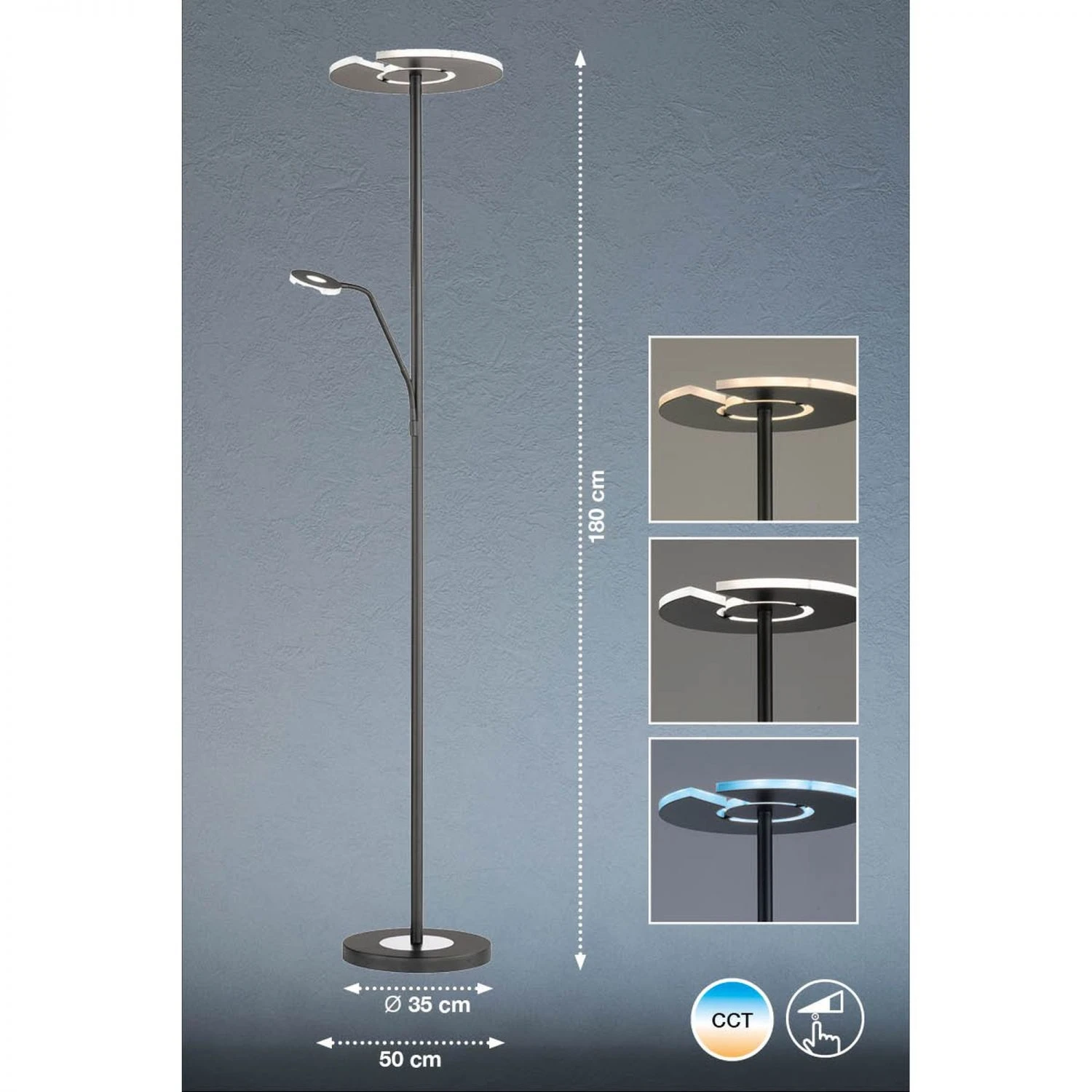 Fischer & Honsel schwenkbare dimmbare LED Deckenfluter Stehleuchte mit Lesearm und CCT-Lichtfarbsteuerung in 3 Farben 4 Fischer & Honsel schwenkbare dimmbare LED Deckenfluter Stehleuchte mit Lesearm und CCT-Lichtfarbsteuerung in 3 Farben – Bild 2