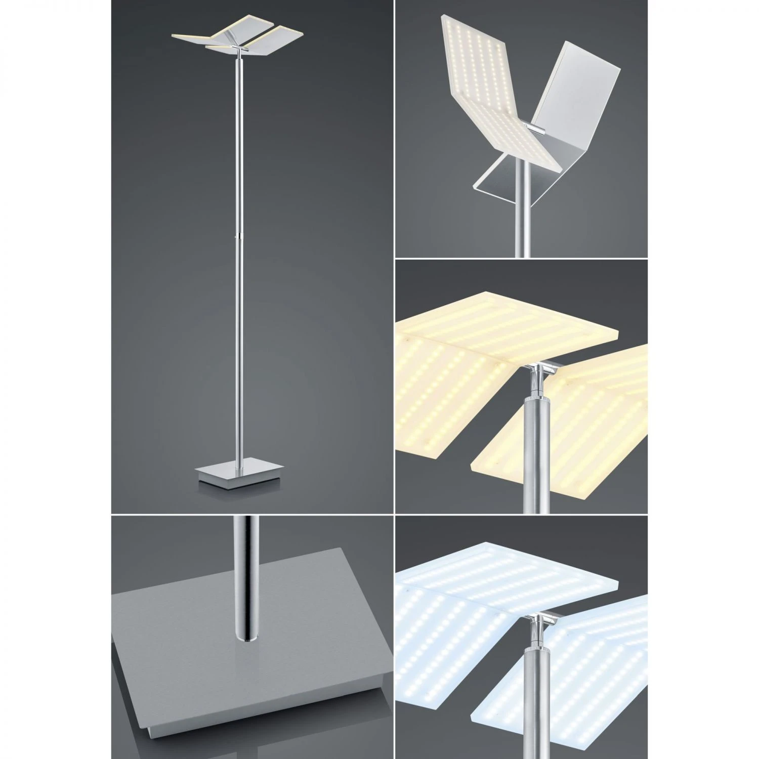 B-Leuchten schwenkbare eckige Deckenfluter Fluter Stehleuchte mit CCT-Lichtfarbsteuerung matt Stehlampe nickel und chrom 3 B-Leuchten schwenkbare eckige Deckenfluter Fluter Stehleuchte mit CCT-Lichtfarbsteuerung matt Stehlampe nickel und chrom