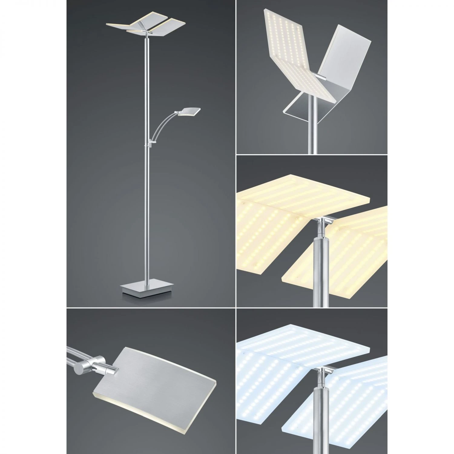 B-Leuchten schwenkbare eckige LED Deckenfluter Fluter Stehleuchte mit CCT-Lichtfarbsteuerung matt Stehlampe nickel und chrom 3 B-Leuchten schwenkbare eckige LED Deckenfluter Fluter Stehleuchte mit CCT-Lichtfarbsteuerung matt Stehlampe nickel und chrom