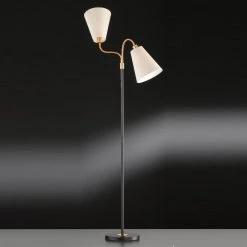 Fischer & Honsel Standleuchte Flexarm, Metall, modern, zwei Stoff- Textilschirme, naturfarben