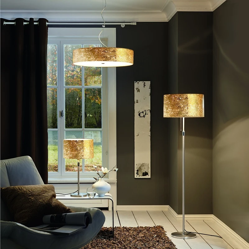 Hufnagel Stehleuchte Loop silber, Schirm Blattgold - mit Zugschalter 4 Hufnagel Stehleuchte Loop silber, Schirm Blattgold - mit Zugschalter – Bild 2