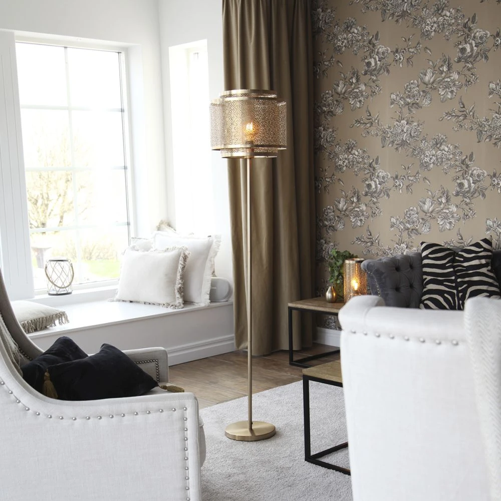 By Rydens Stehleuchte mit ausgeschnittenem Blumenmuster, 2 Schirme, 1-flammig, messing gold, Zylinder, E27 5 By Rydens Stehleuchte mit ausgeschnittenem Blumenmuster, 2 Schirme, 1-flammig, messing gold, Zylinder, E27 – Bild 3