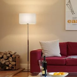 LHG Lights Stilvolle Stehleuchte in Nickel-poliert - Schirm Weiß - Höhe 150cm - für Energiesparleuchtmittel geeignet